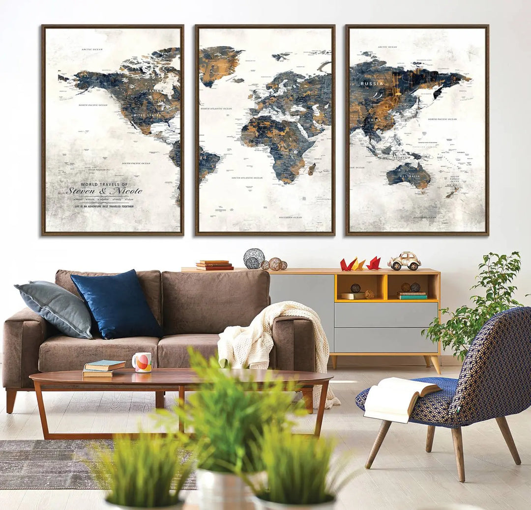 A smiling woman proudly holds the Personalized Push Pin Map Wall Art Print - Detailed Custom World Map Canvas Print in front of a white wall, perfect for travel enthusiasts eager to mark their adventures.