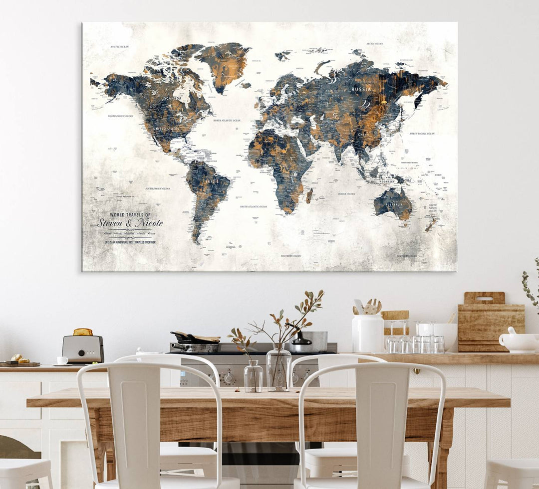Personalized Push Pin Map Wall Art Print - Detailed Custom World Map Canvas Print
