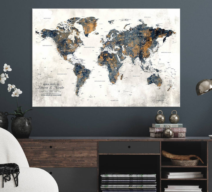 Personalized Push Pin Map Wall Art Print - Detailed Custom World Map Canvas Print