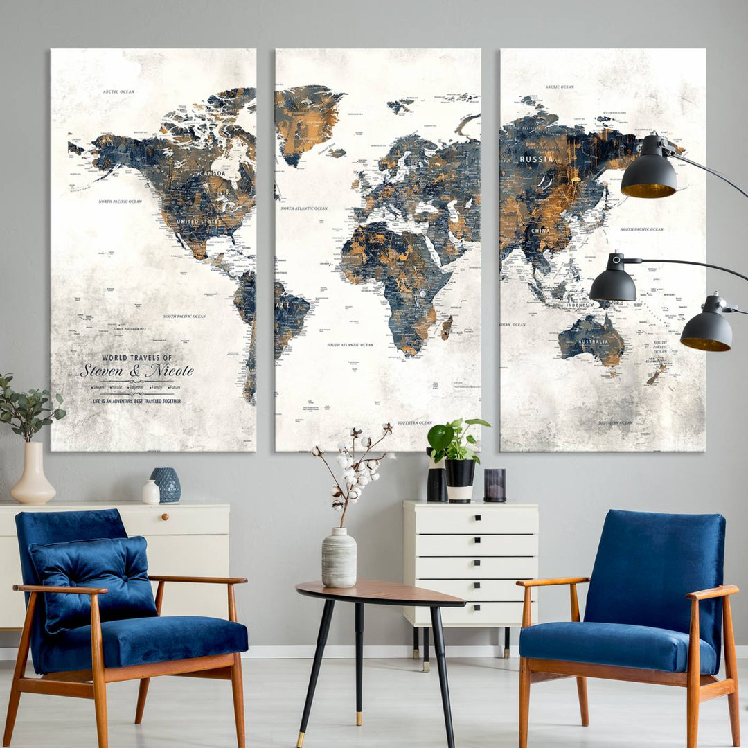 Personalized Push Pin Map Wall Art Print - Detailed Custom World Map Canvas Print