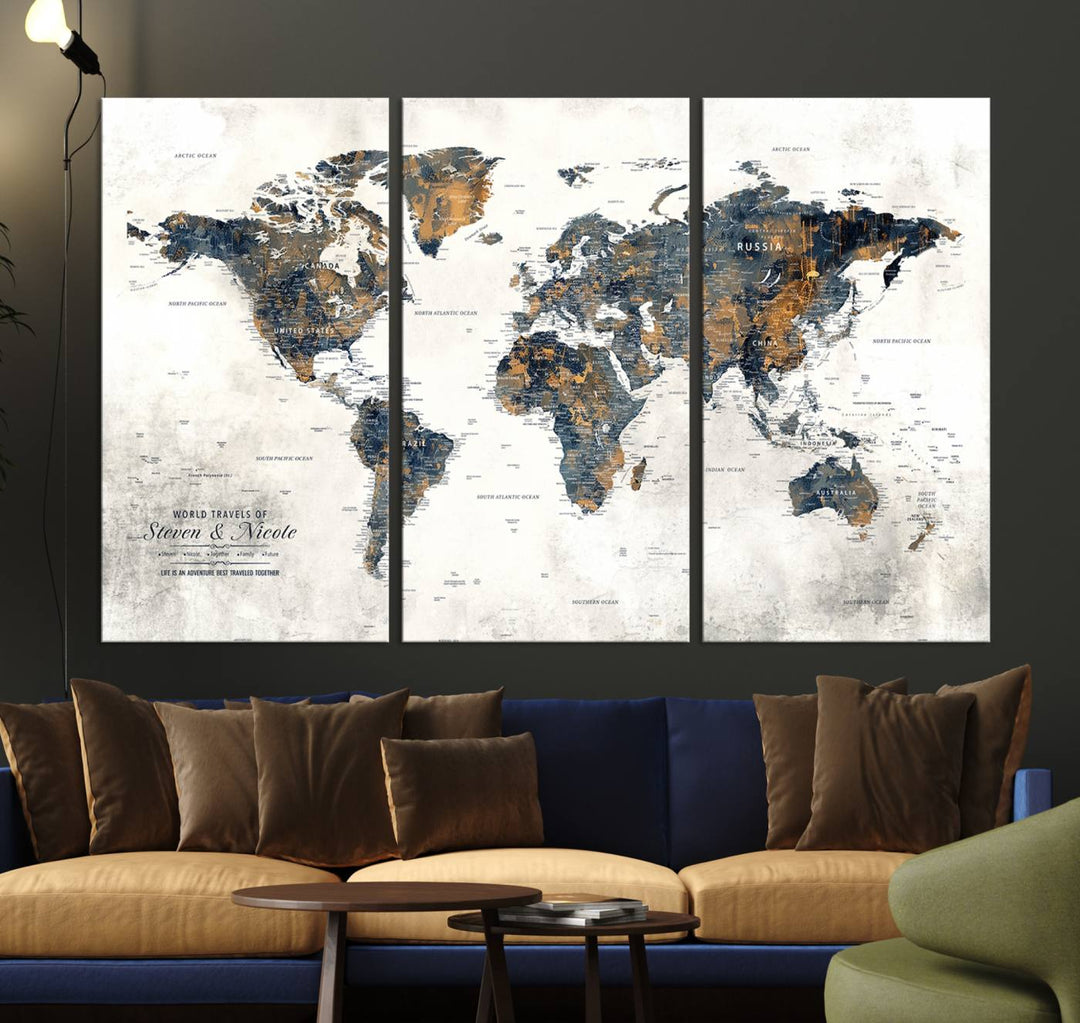 Personalized Push Pin Map Wall Art Print - Detailed Custom World Map Canvas Print