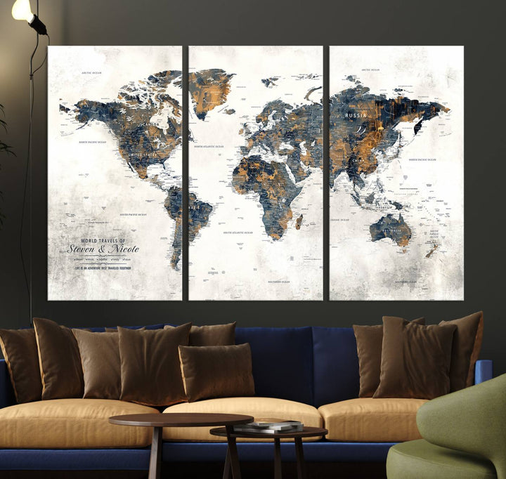 Personalized Push Pin Map Wall Art Print - Detailed Custom World Map Canvas Print