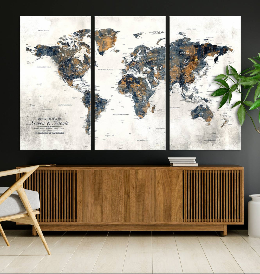 Personalized Push Pin Map Wall Art Print - Detailed Custom World Map Canvas Print