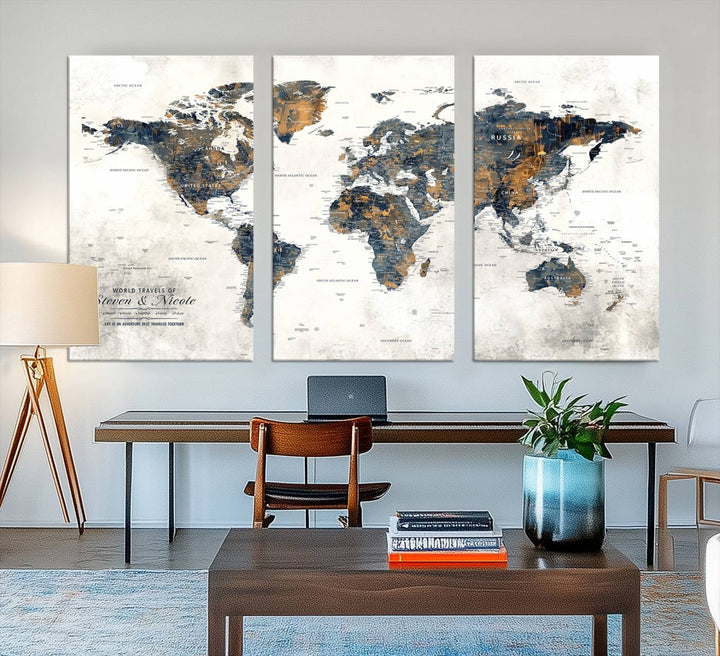 Personalized Push Pin Map Wall Art Print - Detailed Custom World Map Canvas Print