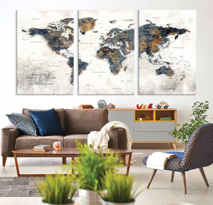 Personalized Push Pin Map Wall Art Print - Detailed Custom World Map Canvas Print