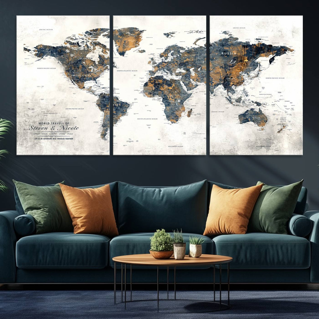 Personalized Push Pin Map Wall Art Print - Detailed Custom World Map Canvas Print
