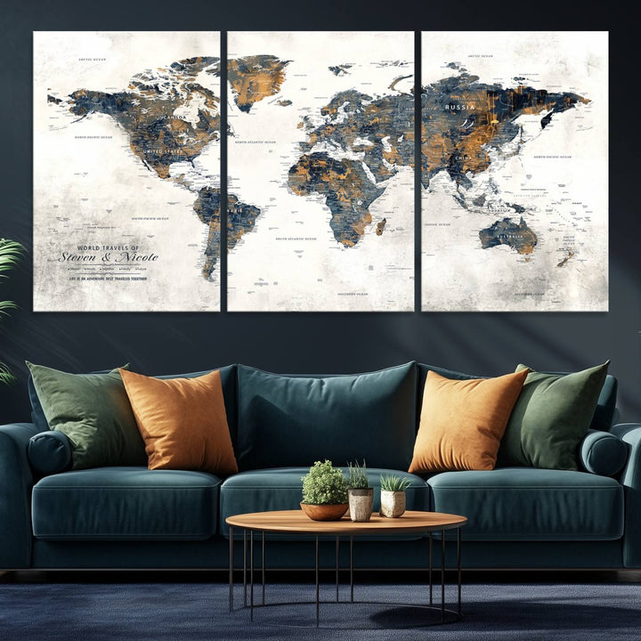 Personalized Push Pin Map Wall Art Print - Detailed Custom World Map Canvas Print