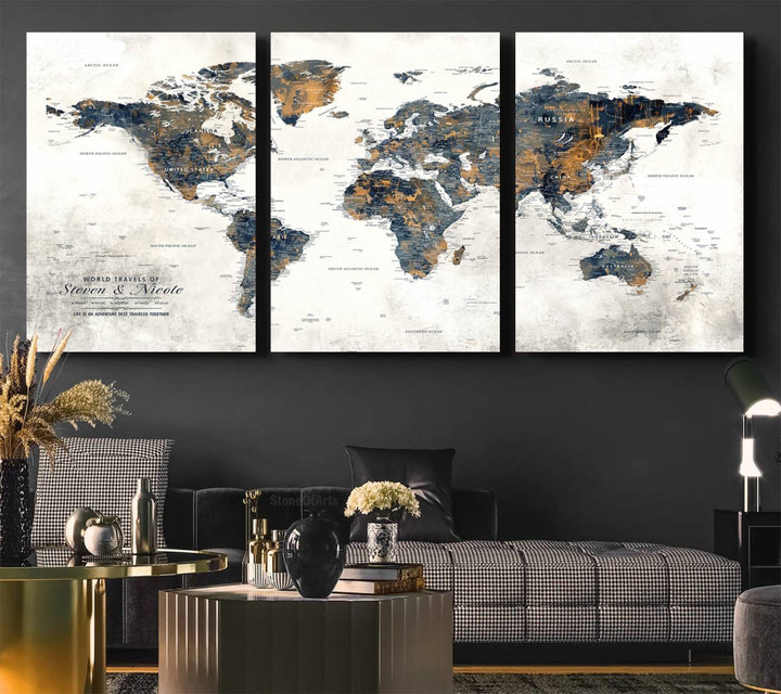Personalized Push Pin Map Wall Art Print - Detailed Custom World Map Canvas Print
