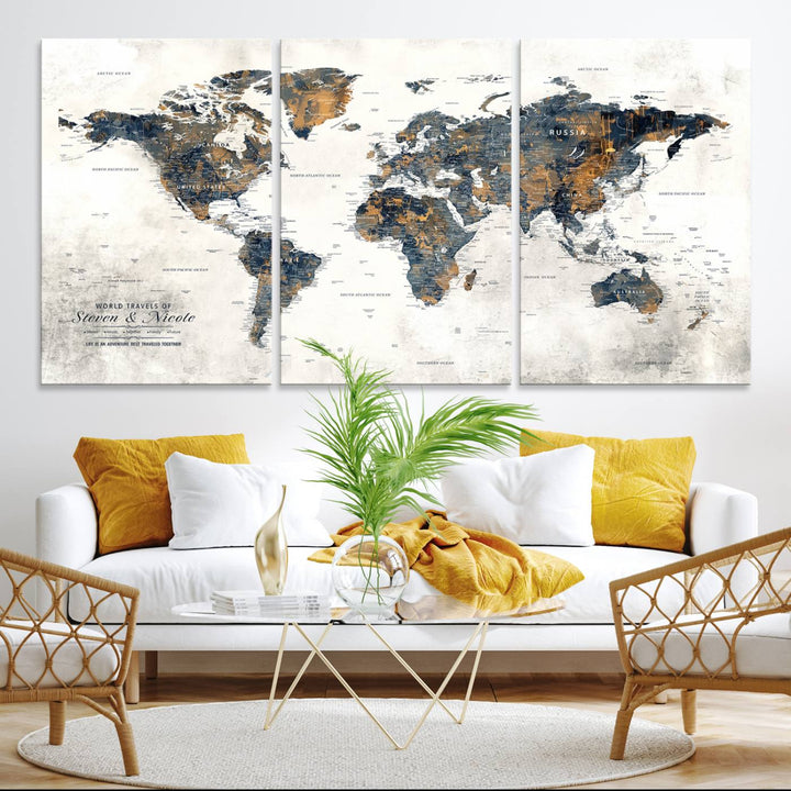 Personalized Push Pin Map Wall Art Print - Detailed Custom World Map Canvas Print
