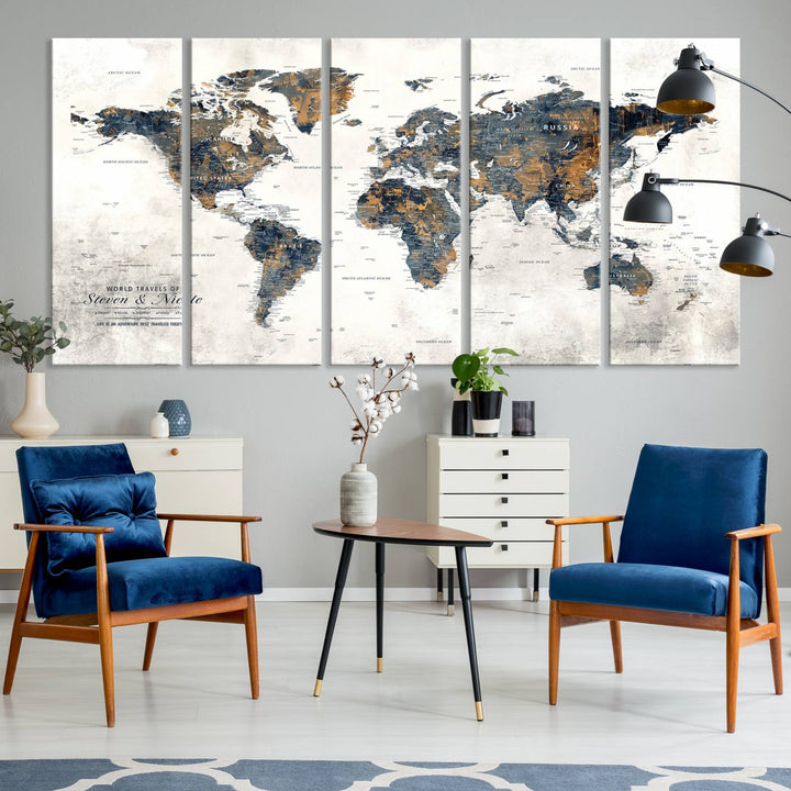 Personalized Push Pin Map Wall Art Print - Detailed Custom World Map Canvas Print