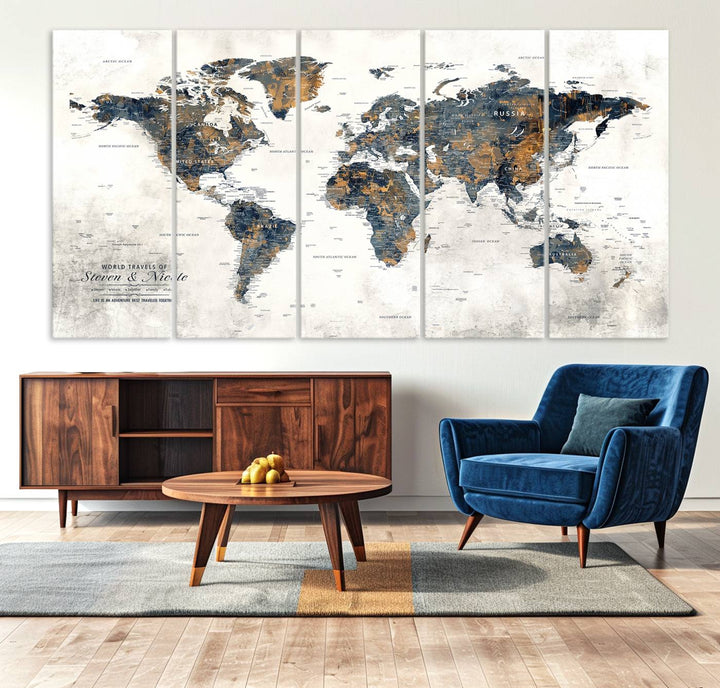 Personalized Push Pin Map Wall Art Print - Detailed Custom World Map Canvas Print
