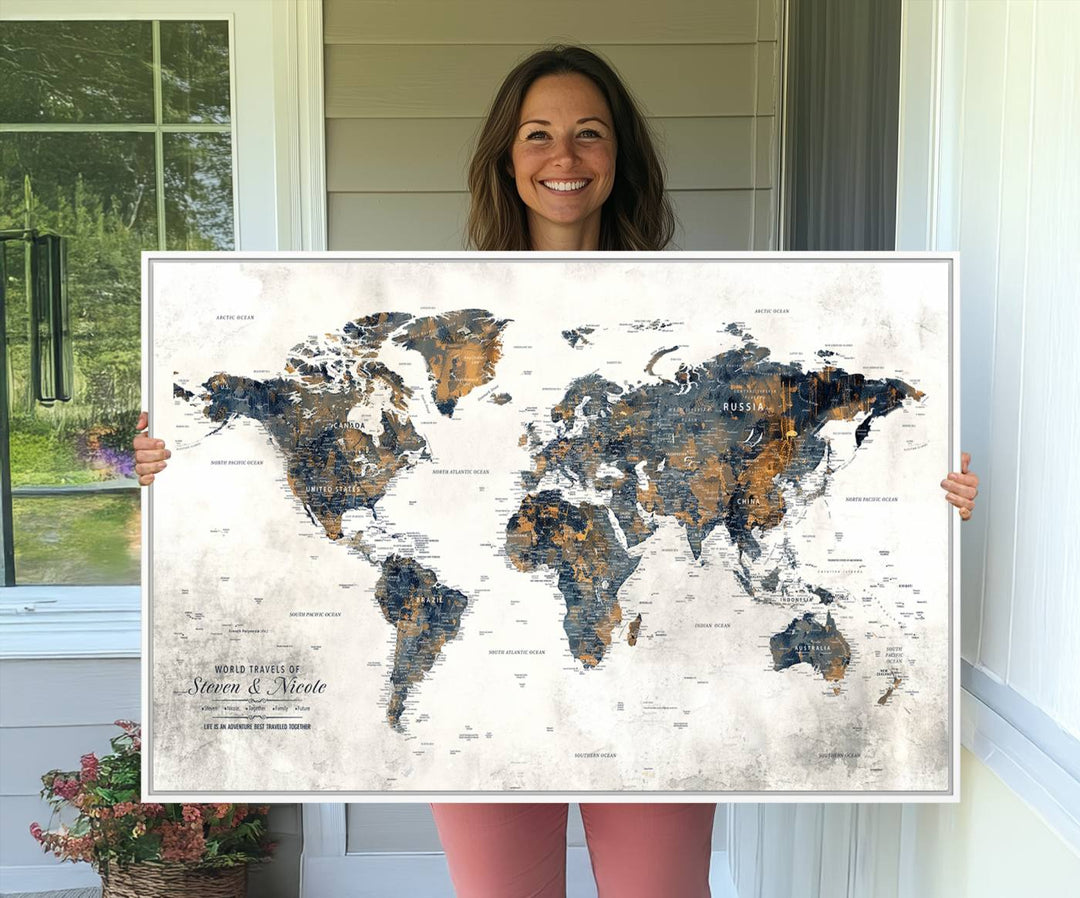 70504-MGV-CV-36X24-Personalized Push Pin Map Wall Art Print - Detailed Custom World Map Canvas Print