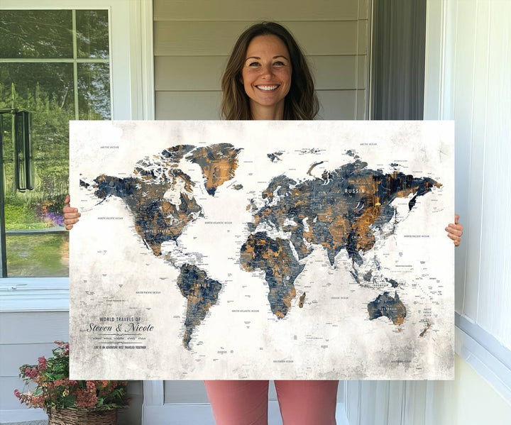 Personalized Push Pin Map Wall Art Print - Detailed Custom World Map Canvas Print