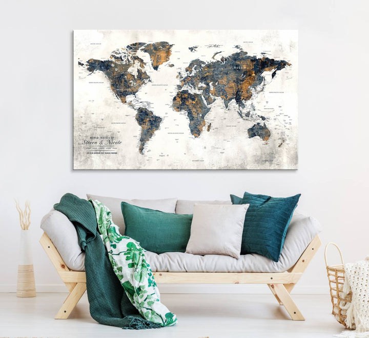 Personalized Push Pin Map Wall Art Print - Detailed Custom World Map Canvas Print