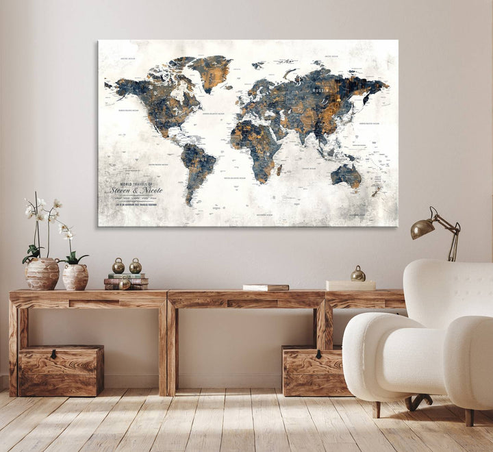 Personalized Push Pin Map Wall Art Print - Detailed Custom World Map Canvas Print