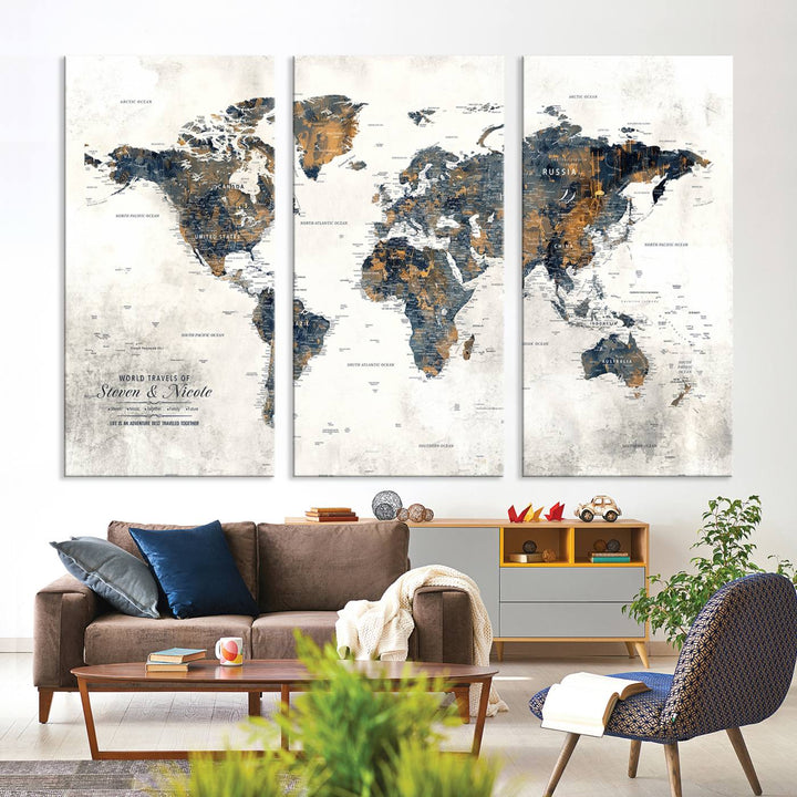 Personalized Push Pin Map Wall Art Print - Detailed Custom World Map Canvas Print