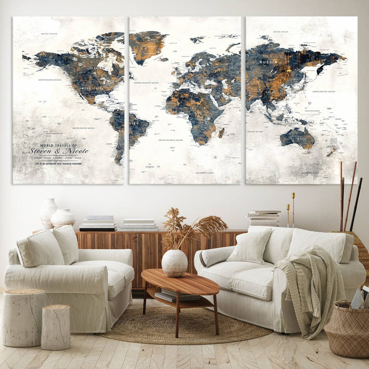Personalized Push Pin Map Wall Art Print - Detailed Custom World Map Canvas Print