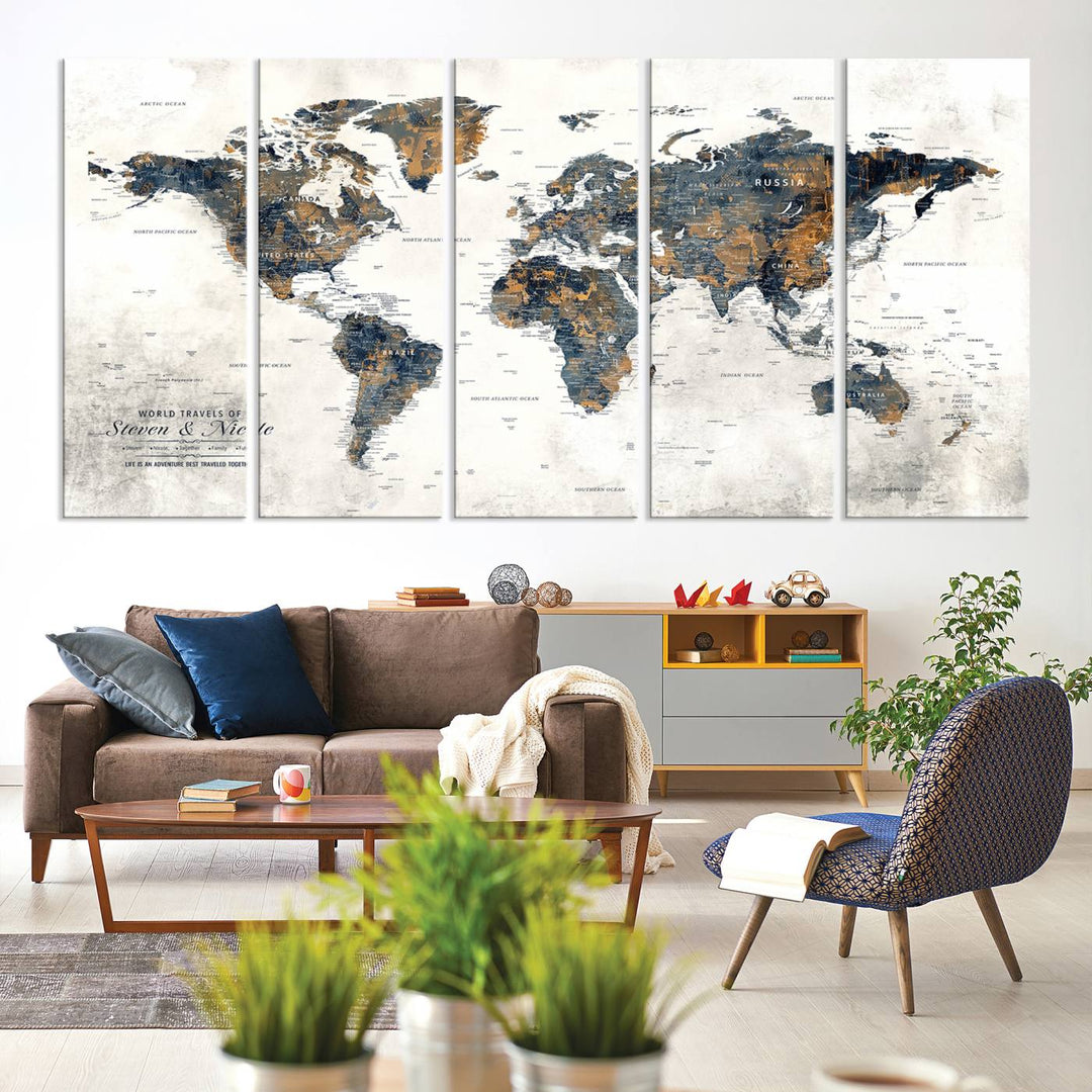 Personalized Push Pin Map Wall Art Print - Detailed Custom World Map Canvas Print