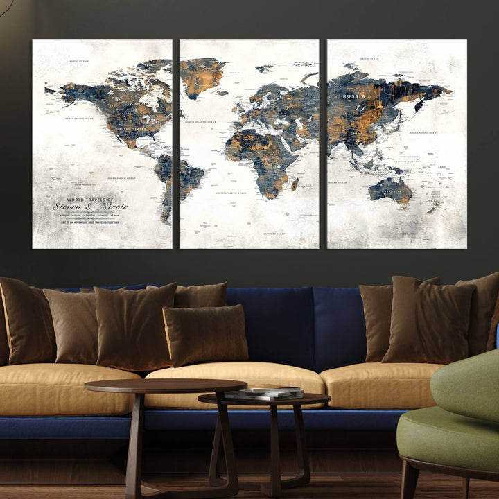 Personalized Push Pin Map Wall Art Print - Detailed Custom World Map Canvas Print