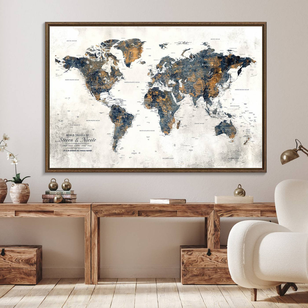 70504-MGV-FC-36X24_Walnut-Personalized Push Pin Map Wall Art Print - Detailed Custom World Map Canvas Print