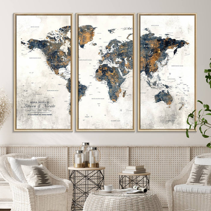 70504-MGV-FC-48X32-3P_Natural-Personalized Push Pin Map Wall Art Print - Detailed Custom World Map Canvas Print