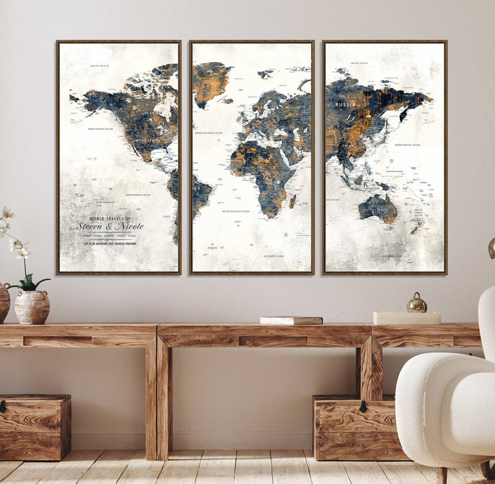 70504-MGV-FC-48X32-3P_Walnut-Personalized Push Pin Map Wall Art Print - Detailed Custom World Map Canvas Print