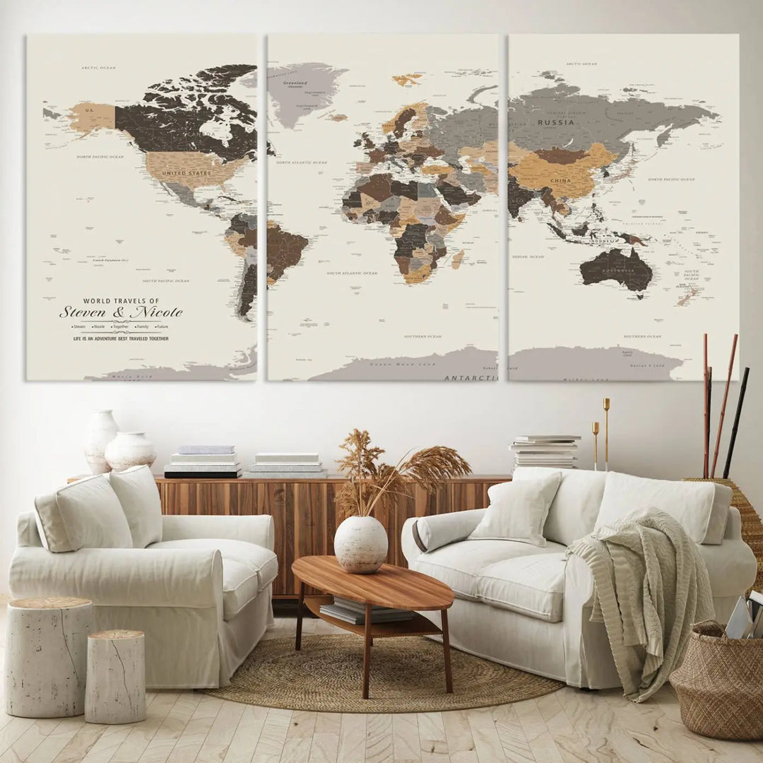 A large framed Personalized World Map Wall Art Canvas Print features custom text at the bottom, perfect for travel and exploration enthusiasts.