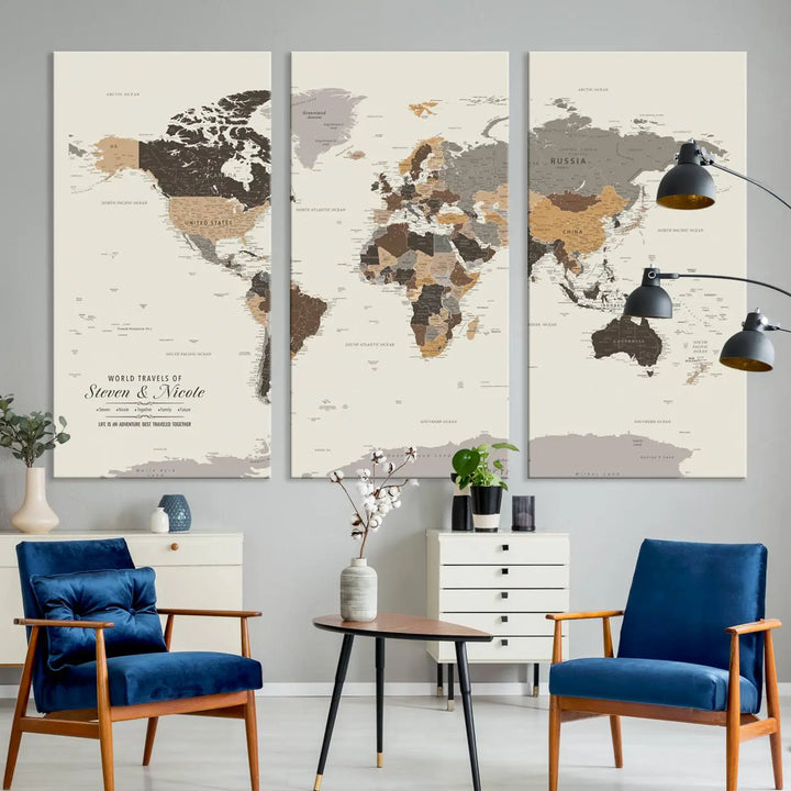 A large framed Personalized World Map Wall Art Canvas Print features custom text at the bottom, perfect for travel and exploration enthusiasts.