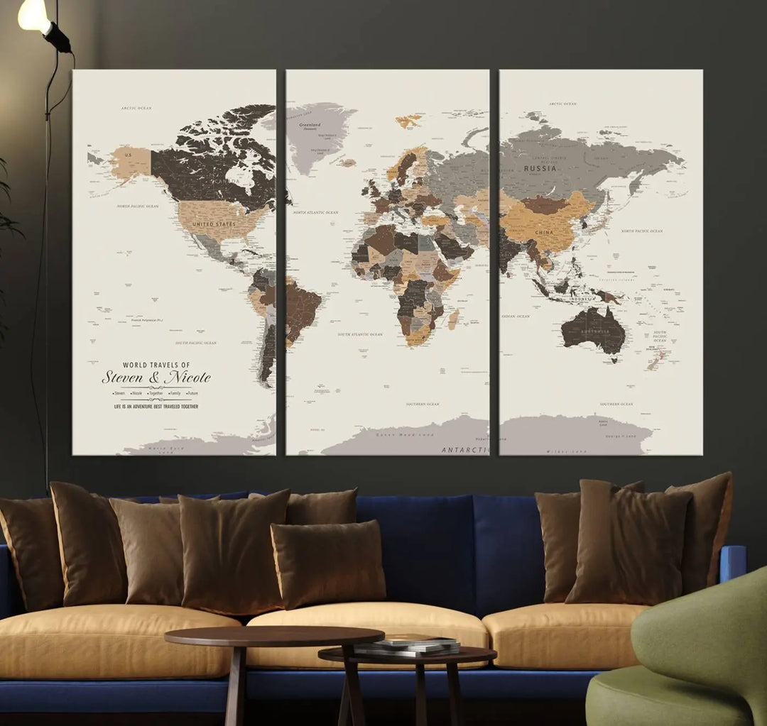 A large framed Personalized World Map Wall Art Canvas Print features custom text at the bottom, perfect for travel and exploration enthusiasts.