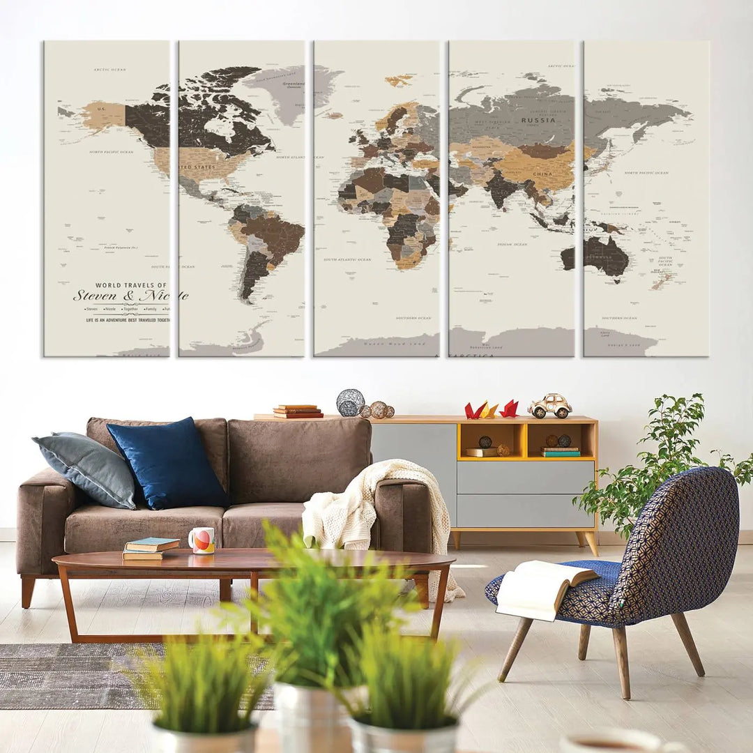 A large framed Personalized World Map Wall Art Canvas Print features custom text at the bottom, perfect for travel and exploration enthusiasts.