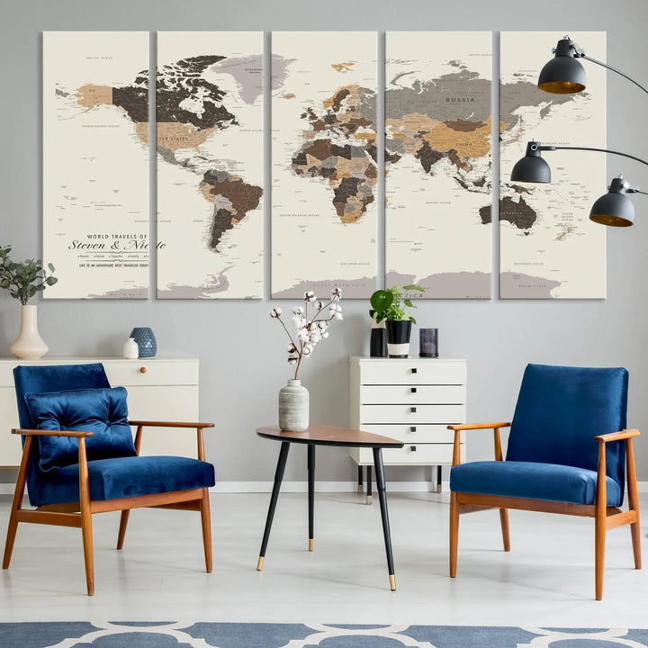 A large framed Personalized World Map Wall Art Canvas Print features custom text at the bottom, perfect for travel and exploration enthusiasts.