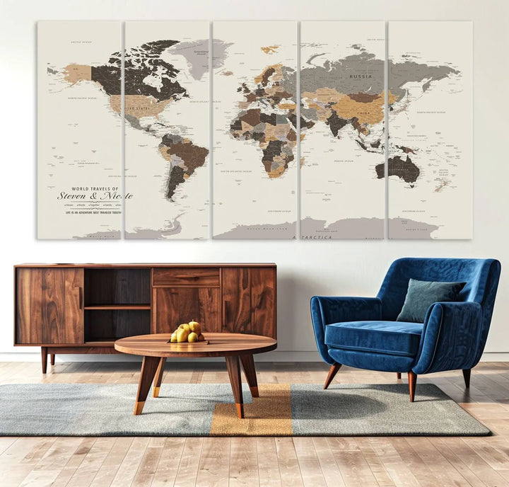 A large framed Personalized World Map Wall Art Canvas Print features custom text at the bottom, perfect for travel and exploration enthusiasts.