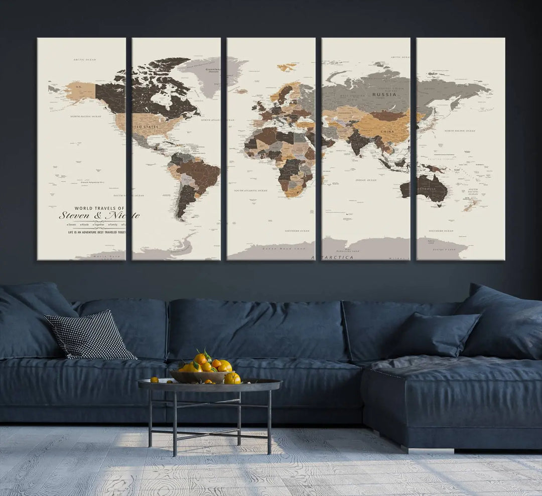 A large framed Personalized World Map Wall Art Canvas Print features custom text at the bottom, perfect for travel and exploration enthusiasts.