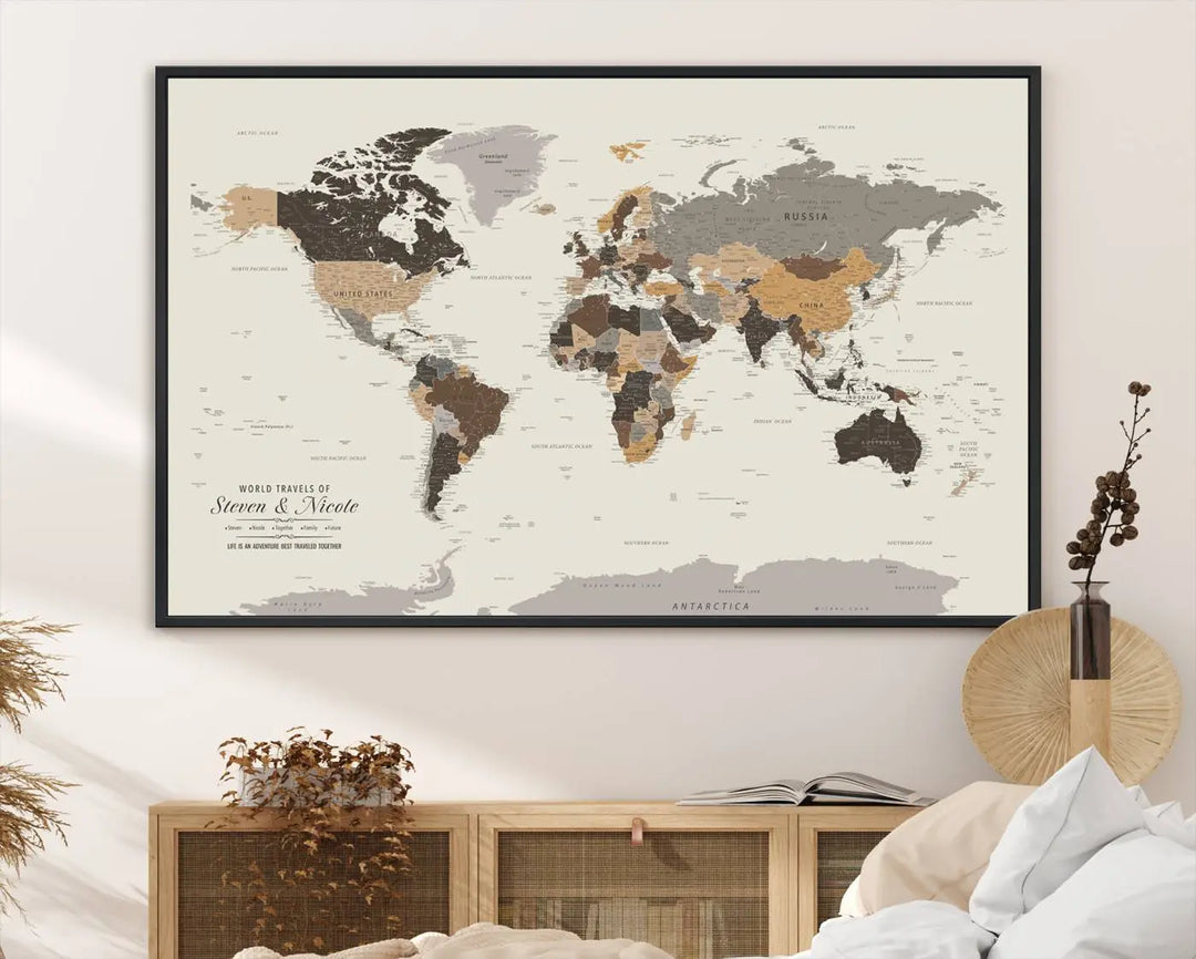 A large framed Personalized World Map Wall Art Canvas Print features custom text at the bottom, perfect for travel and exploration enthusiasts.