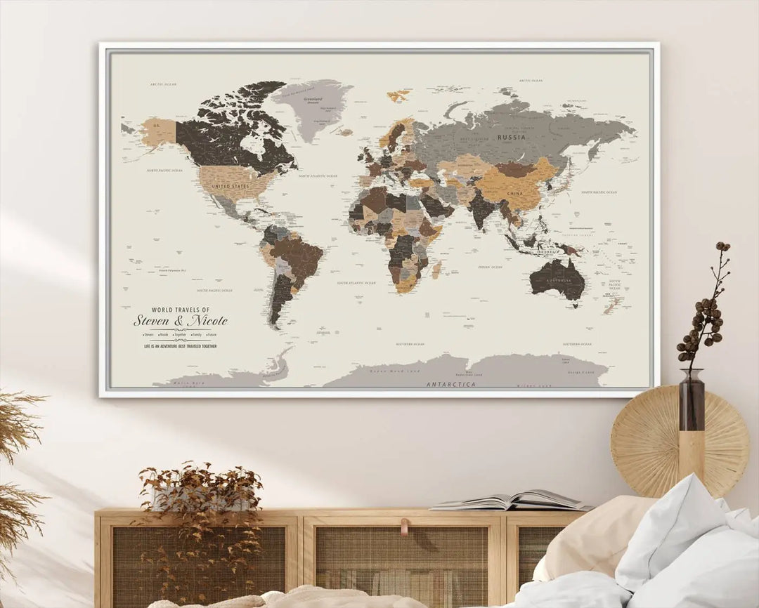 A large framed Personalized World Map Wall Art Canvas Print features custom text at the bottom, perfect for travel and exploration enthusiasts.