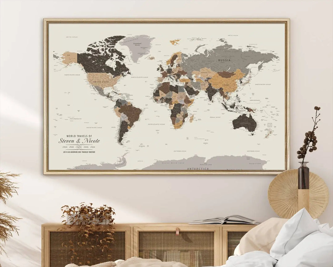 A large framed Personalized World Map Wall Art Canvas Print features custom text at the bottom, perfect for travel and exploration enthusiasts.