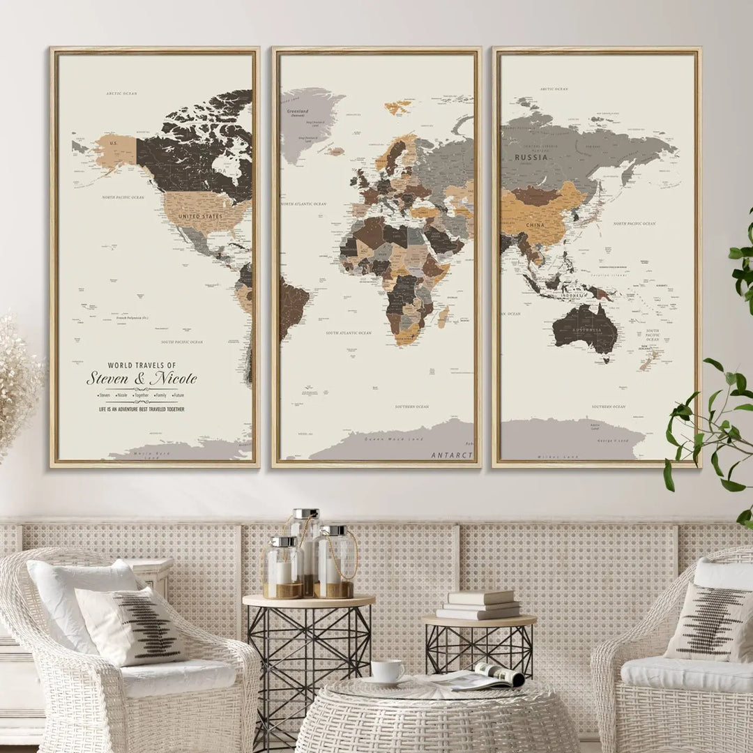 A large framed Personalized World Map Wall Art Canvas Print features custom text at the bottom, perfect for travel and exploration enthusiasts.