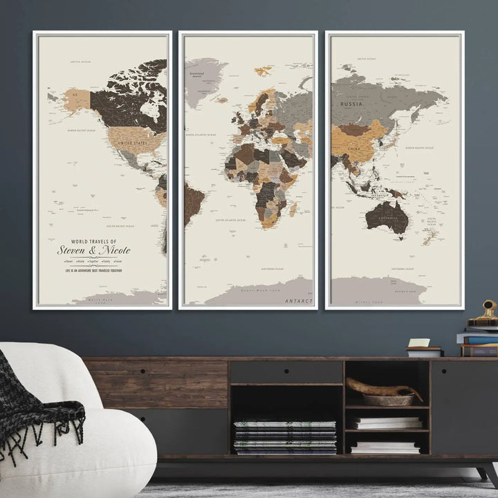 A large framed Personalized World Map Wall Art Canvas Print features custom text at the bottom, perfect for travel and exploration enthusiasts.