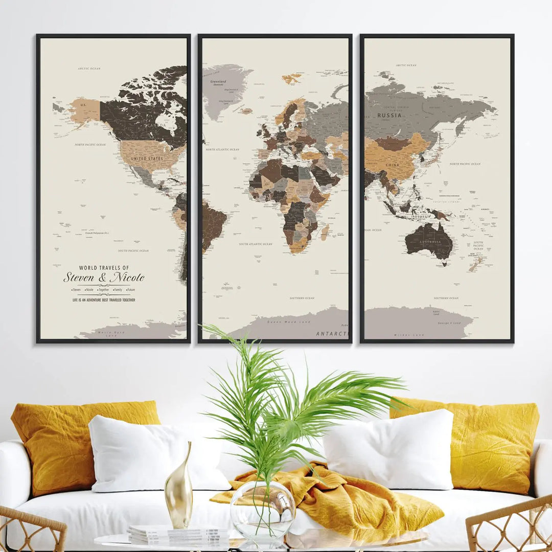 A large framed Personalized World Map Wall Art Canvas Print features custom text at the bottom, perfect for travel and exploration enthusiasts.