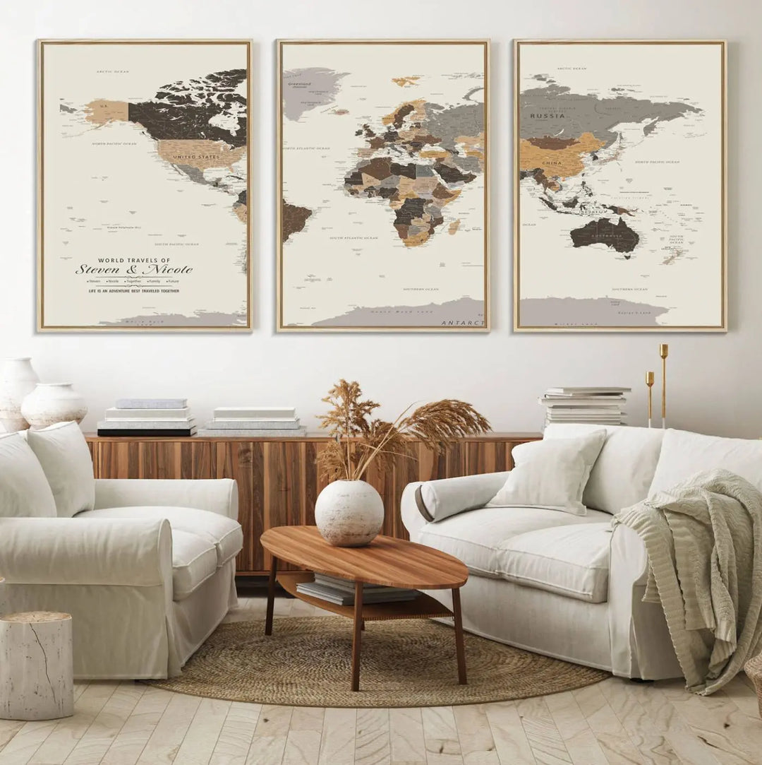 A large framed Personalized World Map Wall Art Canvas Print features custom text at the bottom, perfect for travel and exploration enthusiasts.