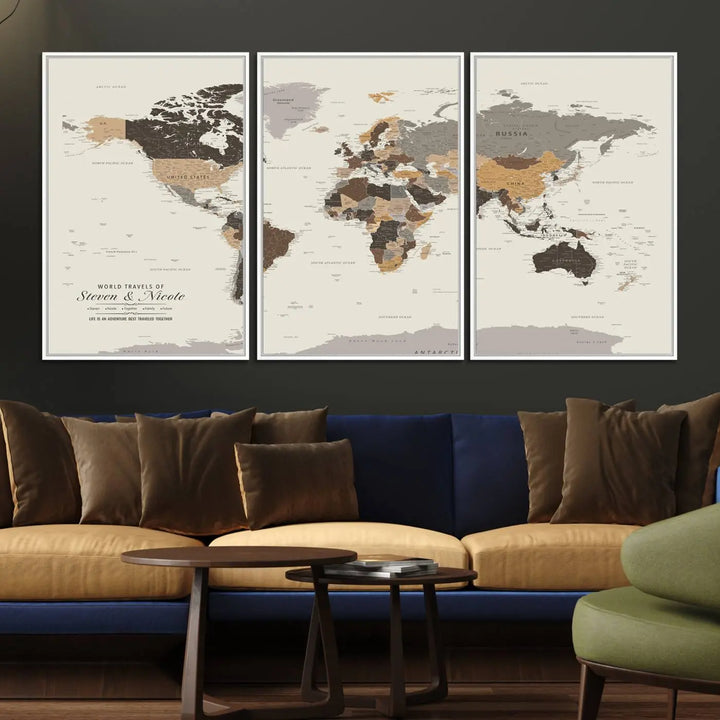 A large framed Personalized World Map Wall Art Canvas Print features custom text at the bottom, perfect for travel and exploration enthusiasts.