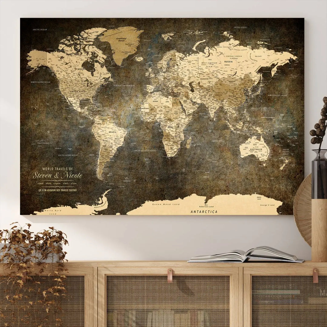 A woman beams with joy as she holds a large framed Personalized World Map Wall Art, capturing the essence of adventure and wanderlust.