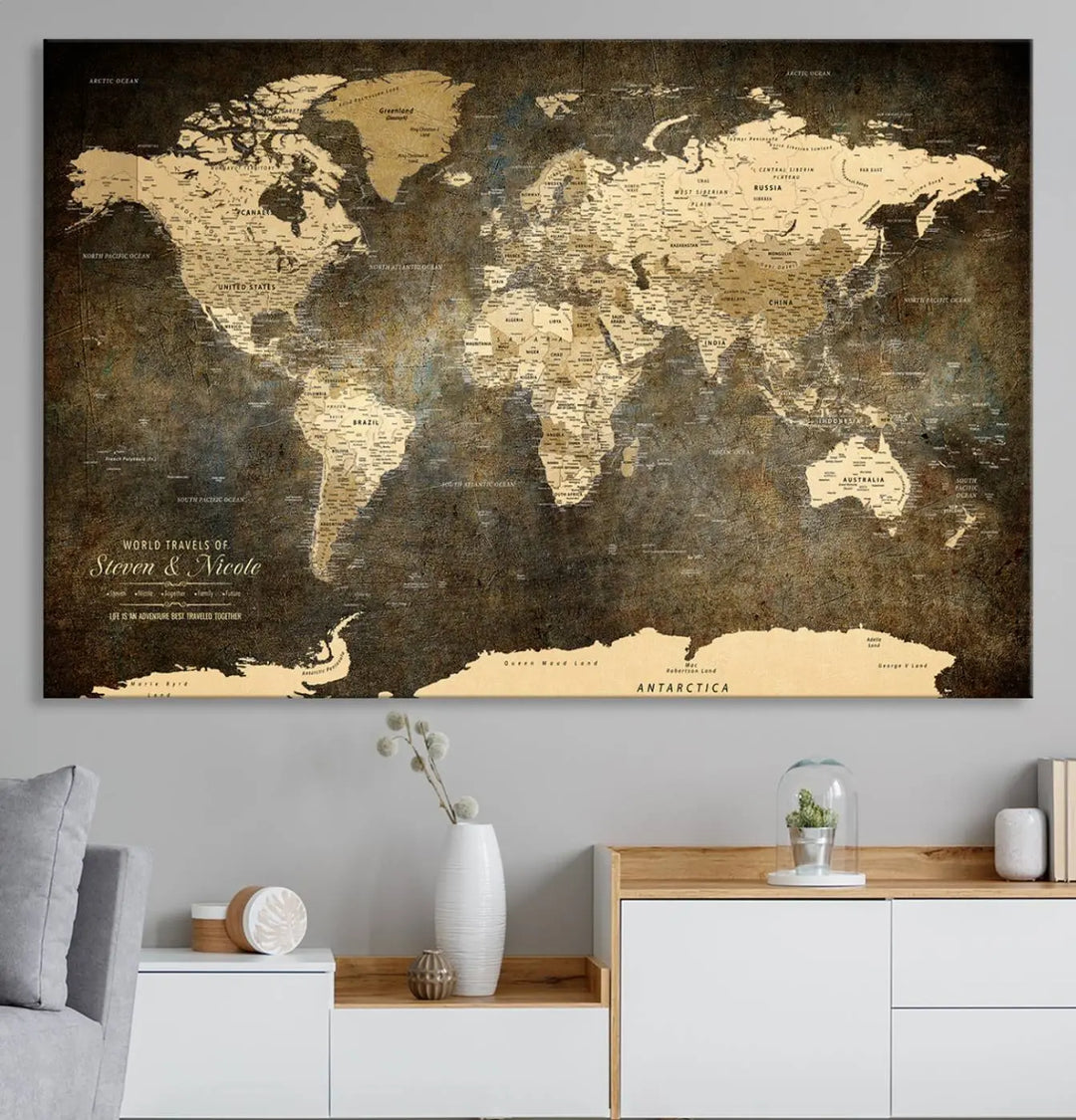 A woman beams with joy as she holds a large framed Personalized World Map Wall Art, capturing the essence of adventure and wanderlust.