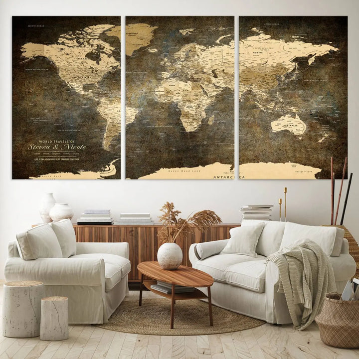 A woman beams with joy as she holds a large framed Personalized World Map Wall Art, capturing the essence of adventure and wanderlust.