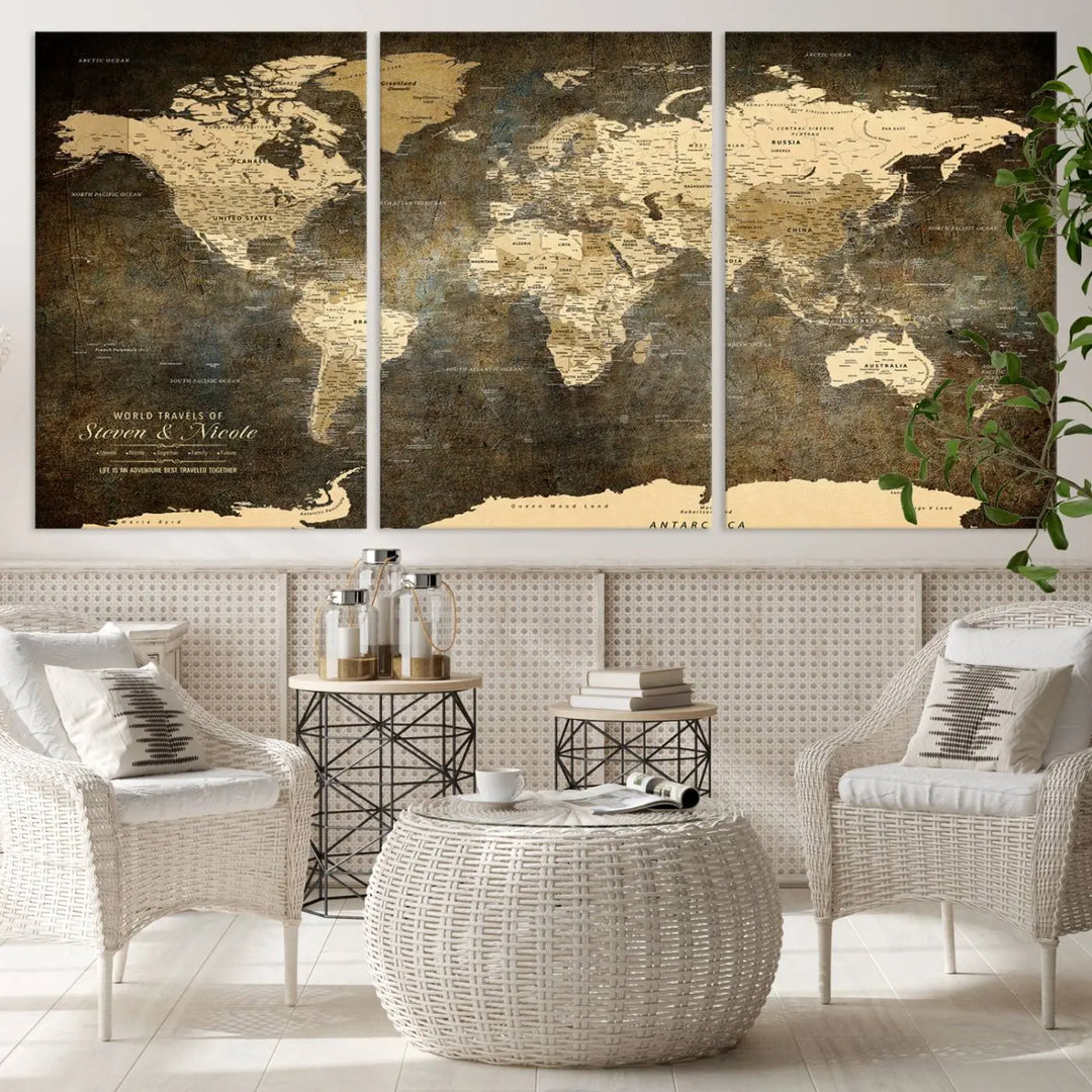 A woman beams with joy as she holds a large framed Personalized World Map Wall Art, capturing the essence of adventure and wanderlust.