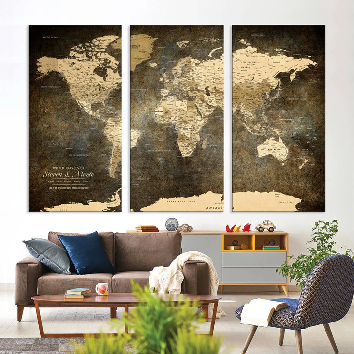 A woman beams with joy as she holds a large framed Personalized World Map Wall Art, capturing the essence of adventure and wanderlust.