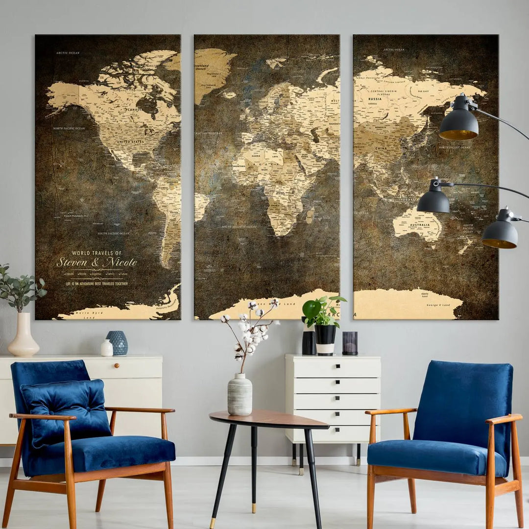 A woman beams with joy as she holds a large framed Personalized World Map Wall Art, capturing the essence of adventure and wanderlust.