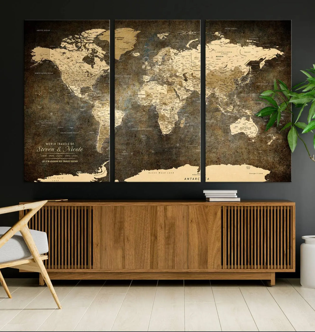 A woman beams with joy as she holds a large framed Personalized World Map Wall Art, capturing the essence of adventure and wanderlust.