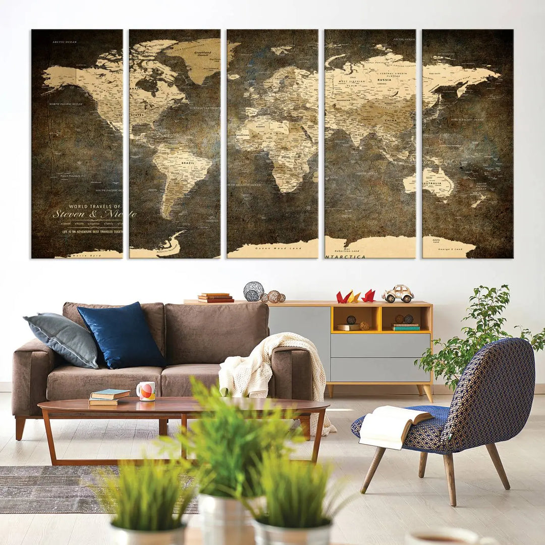 A woman beams with joy as she holds a large framed Personalized World Map Wall Art, capturing the essence of adventure and wanderlust.