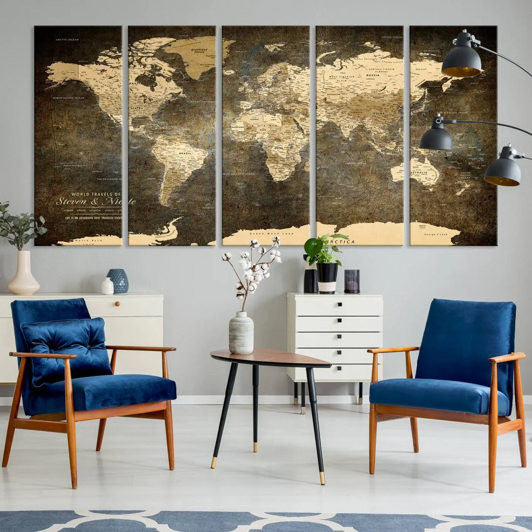 A woman beams with joy as she holds a large framed Personalized World Map Wall Art, capturing the essence of adventure and wanderlust.